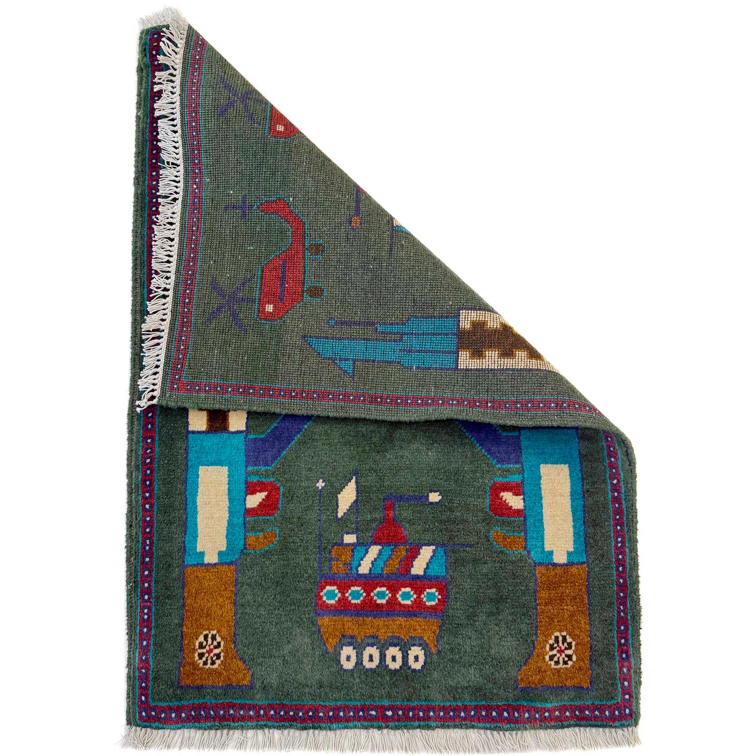 War Area Rug Handmade Green Riffle + Tank + Helicopter +