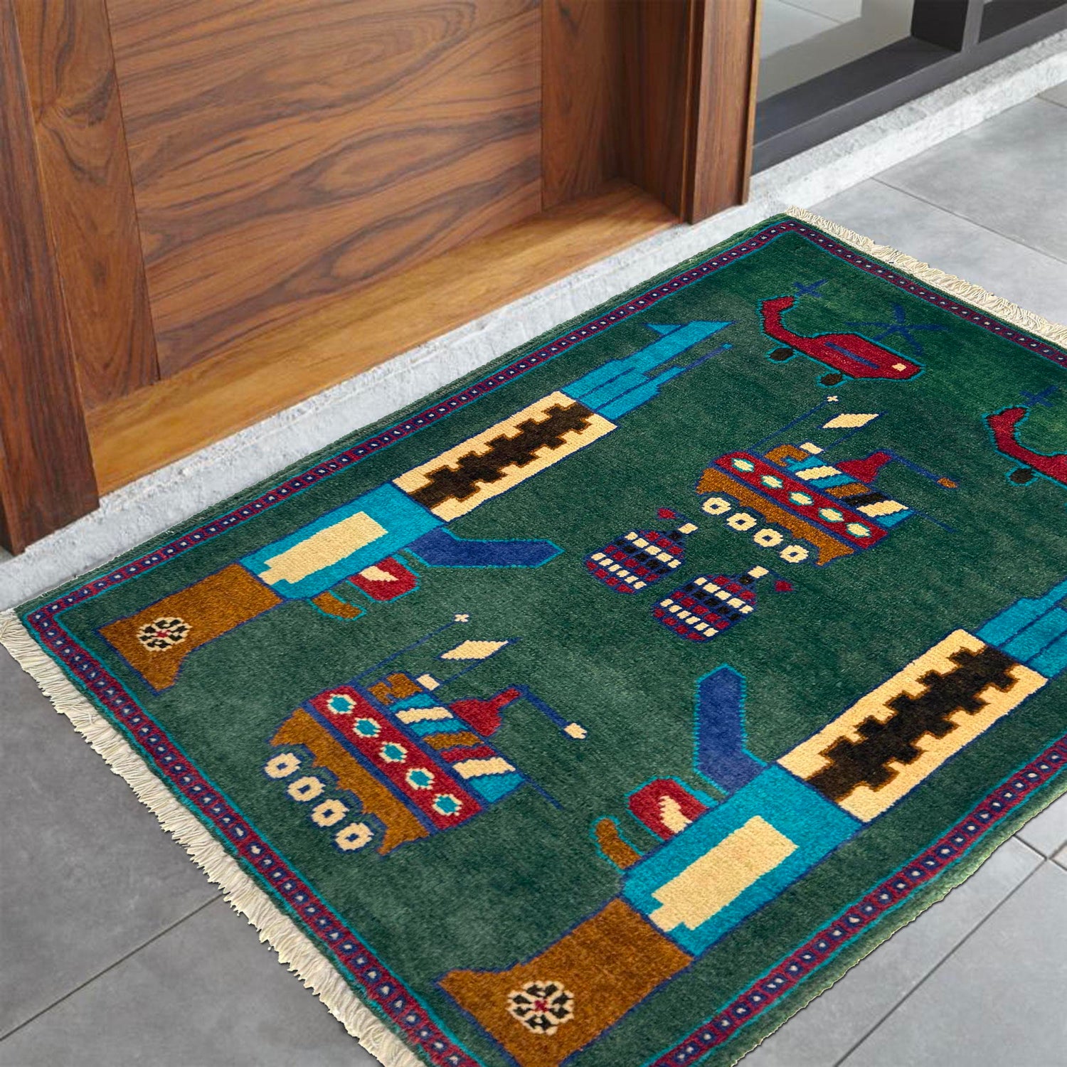 War Area Rug Handmade Green Riffle + Tank + Helicopter +