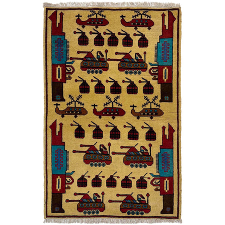 War Area Rug Handmade Yellow Riffle + Tank + Helicopter +