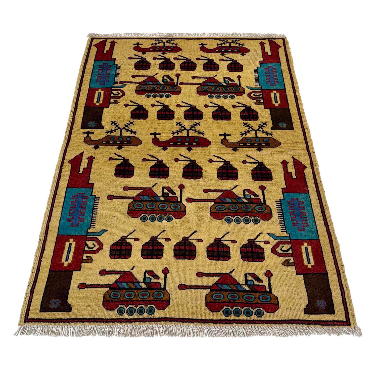 War Area Rug Handmade Yellow Riffle + Tank + Helicopter +