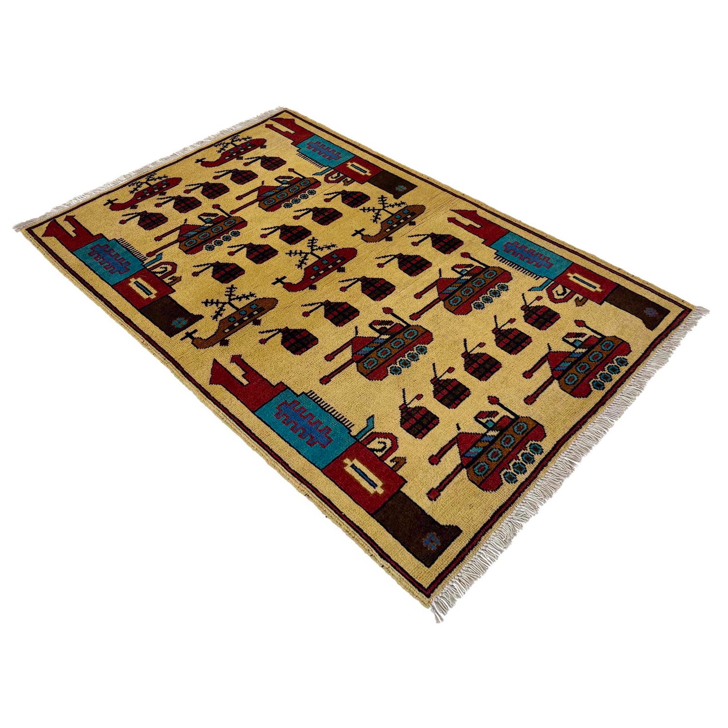 War Area Rug Handmade Yellow Riffle + Tank + Helicopter +