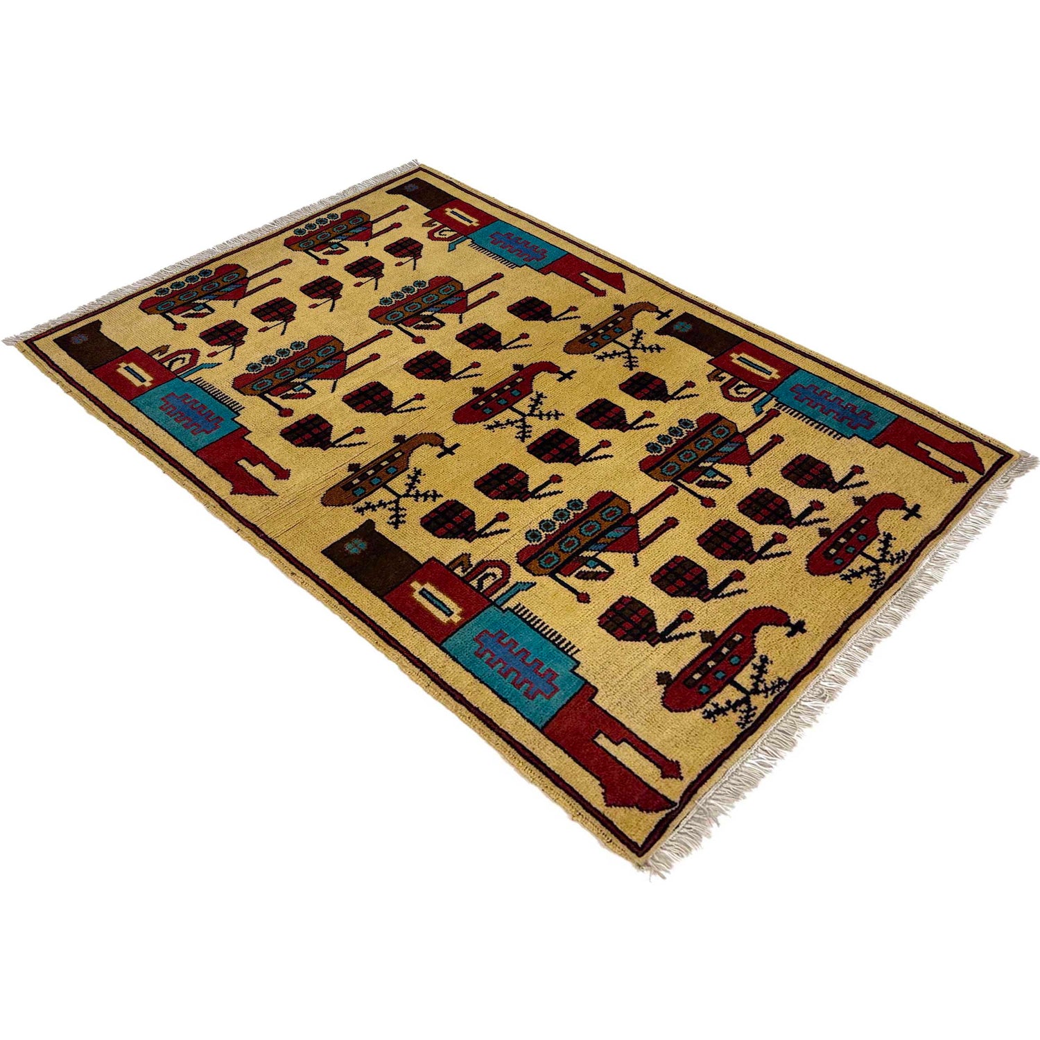 War Area Rug Handmade Yellow Riffle + Tank + Helicopter +