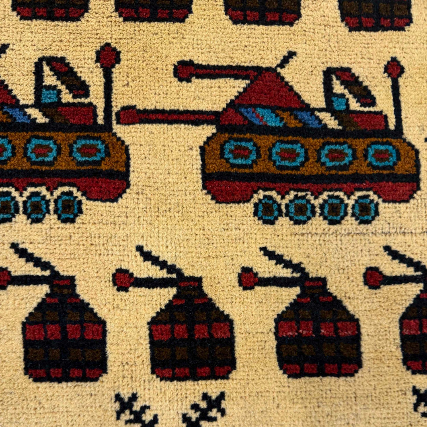 War Area Rug Handmade Yellow Riffle + Tank + Helicopter +