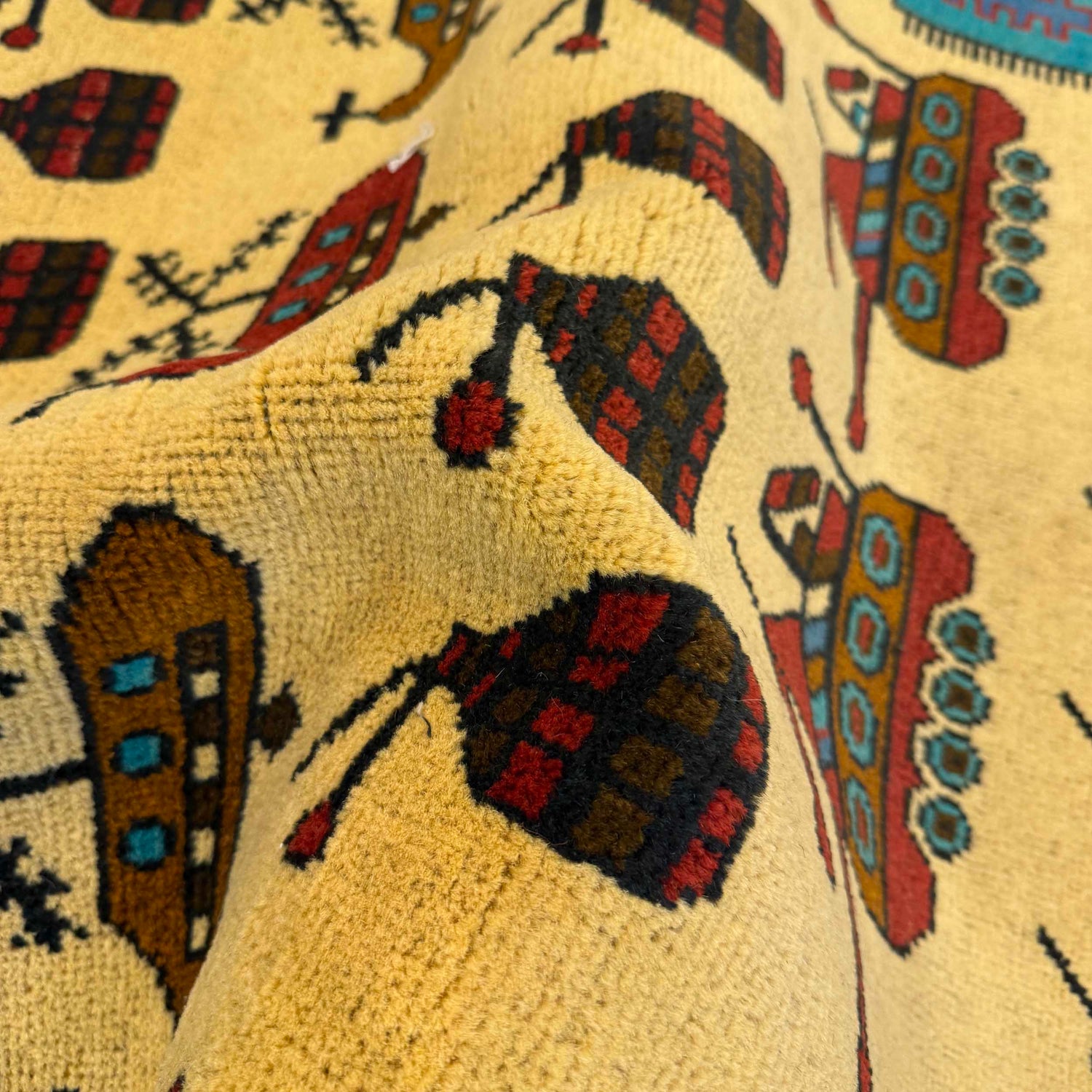 War Area Rug Handmade Yellow Riffle + Tank + Helicopter +