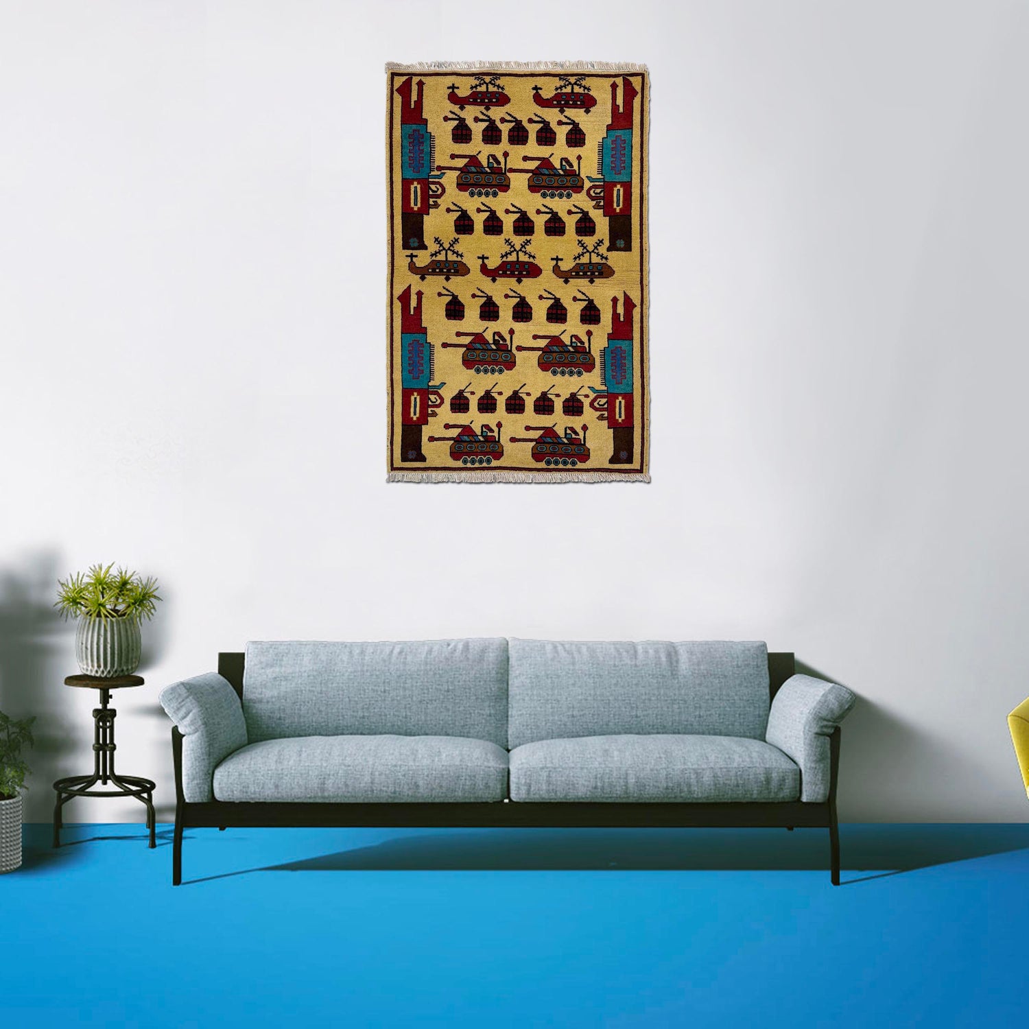 War Area Rug Handmade Yellow Riffle + Tank + Helicopter +
