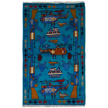 War Area Rug Handmade Blue Riffle + Tank + Helicopter +