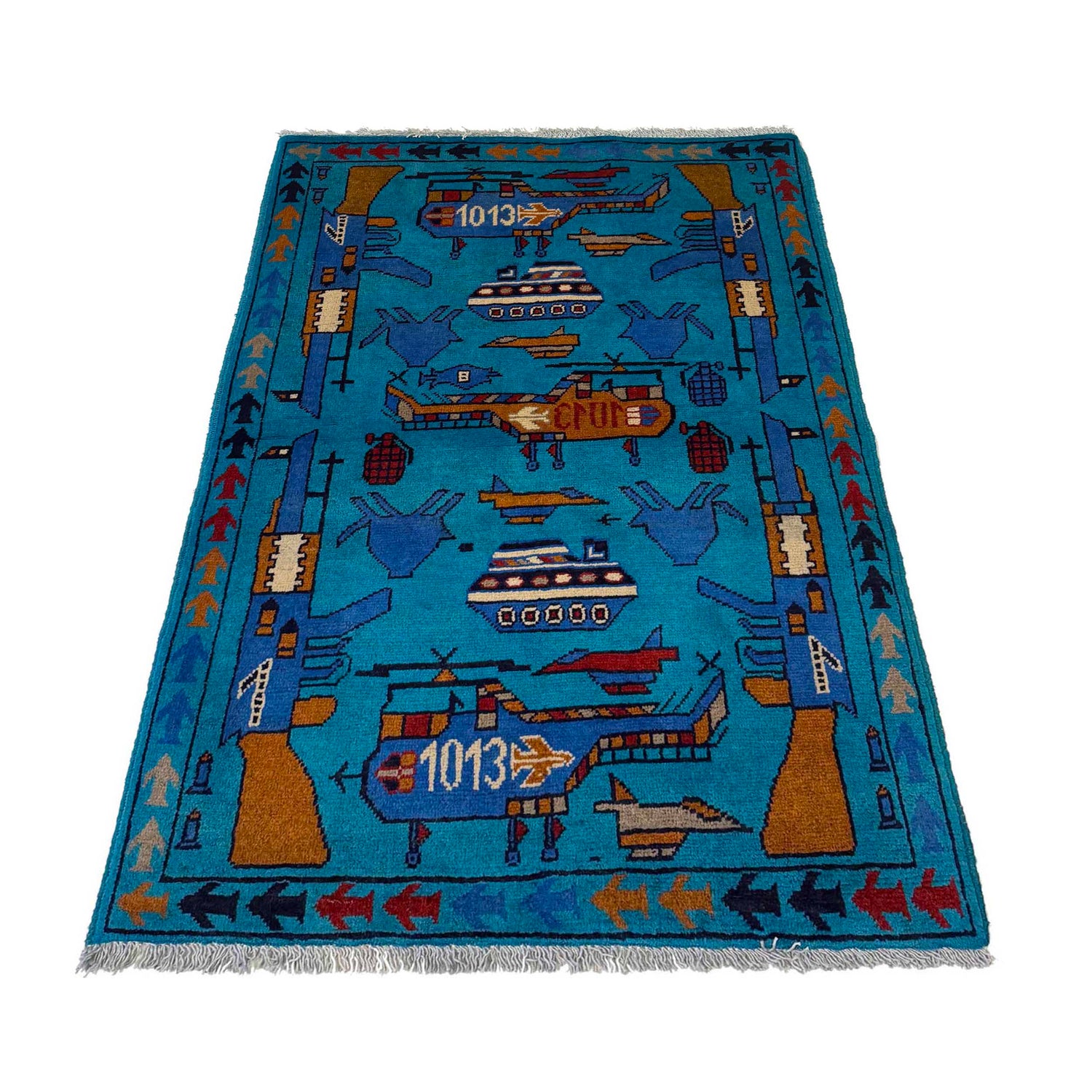 War Area Rug Handmade Blue Riffle + Tank + Helicopter +