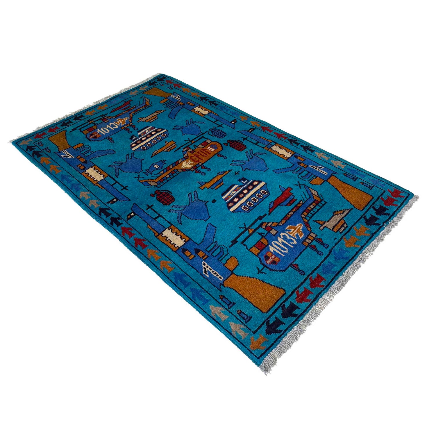 War Area Rug Handmade Blue Riffle + Tank + Helicopter +