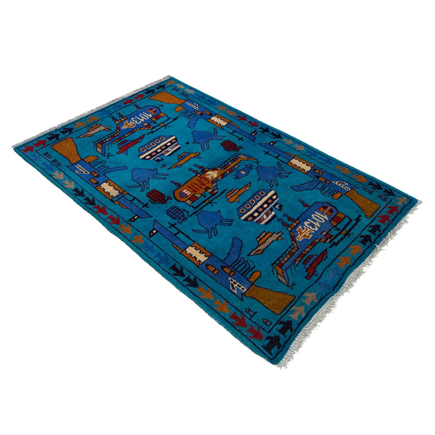 War Area Rug Handmade Blue Riffle + Tank + Helicopter +