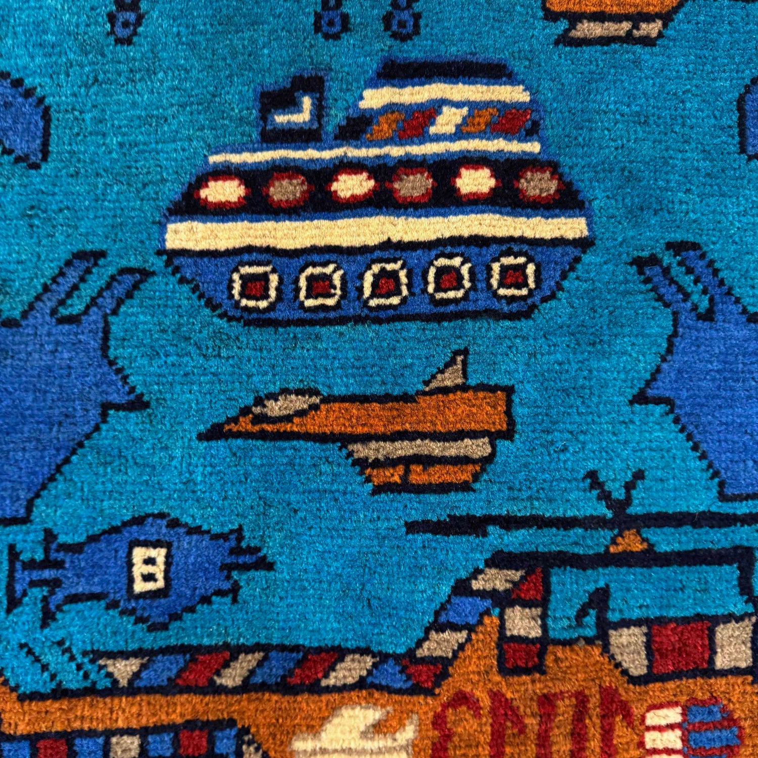 War Area Rug Handmade Blue Riffle + Tank + Helicopter +