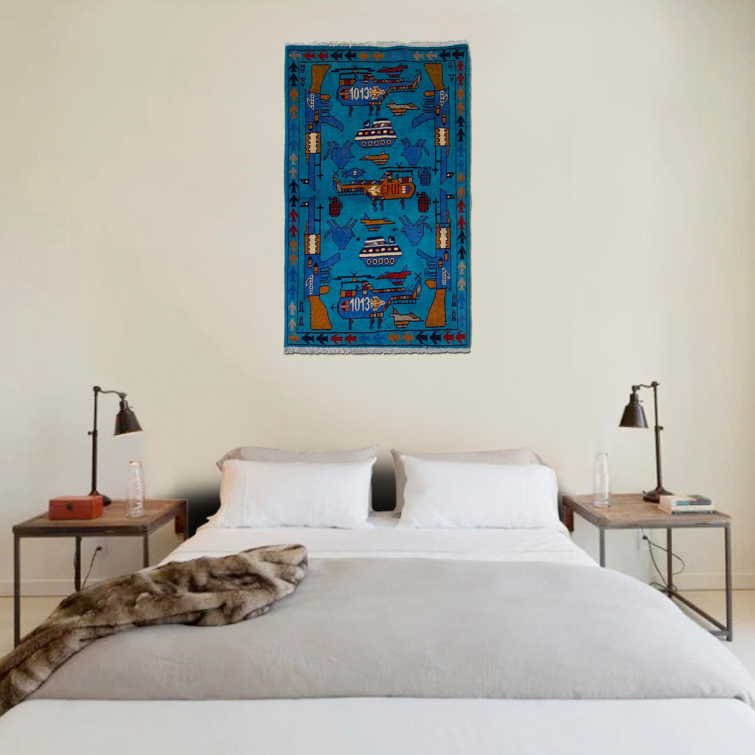 War Area Rug Handmade Blue Riffle + Tank + Helicopter +