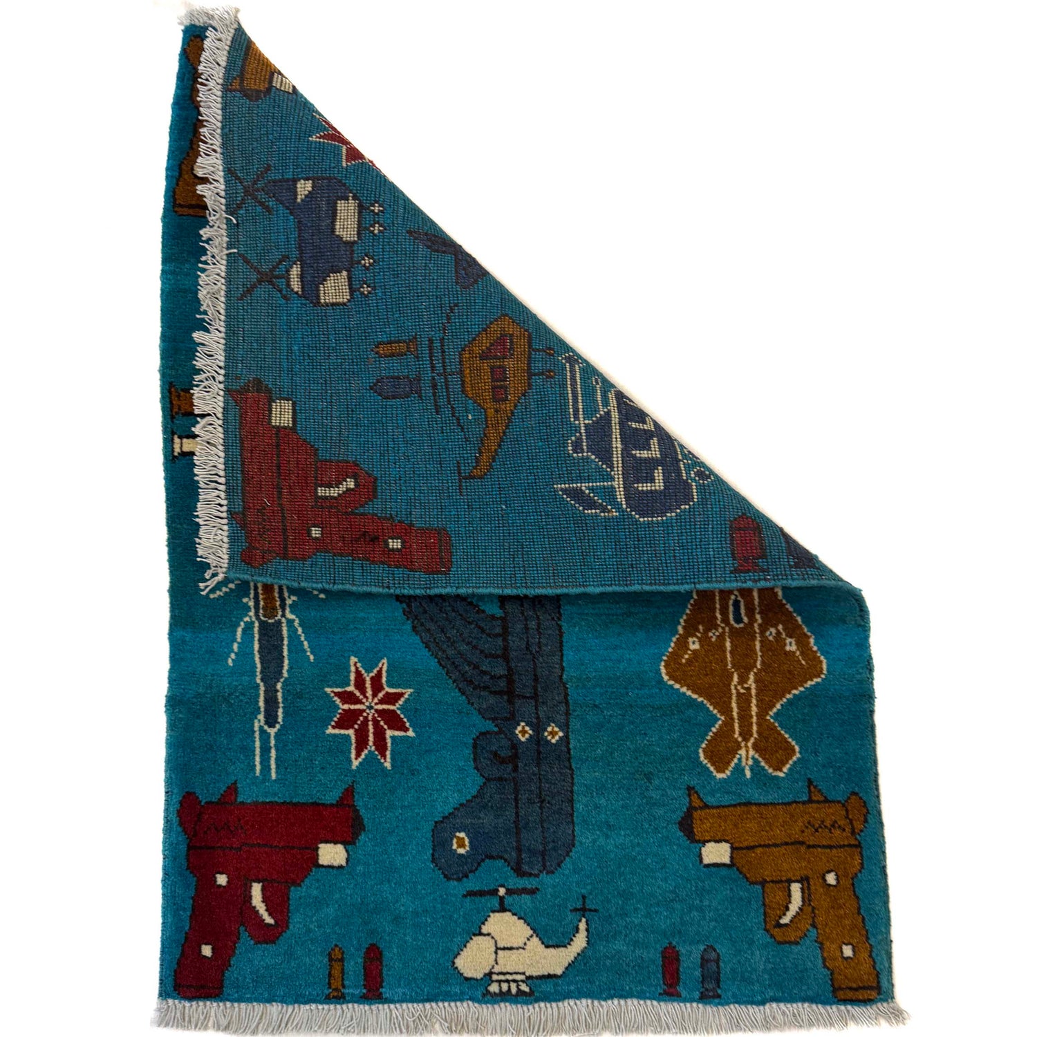 War Area Rug Handmade Blue Tank + Helicopter + Riffle 2 x 3