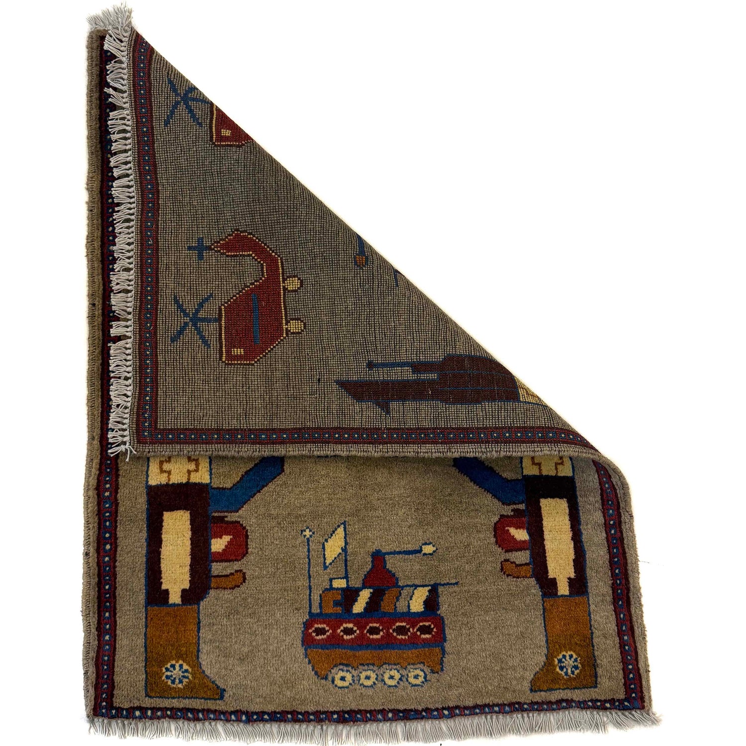 War Area Rug Handmade Brown Tank + Helicopter + Grenade 2 x