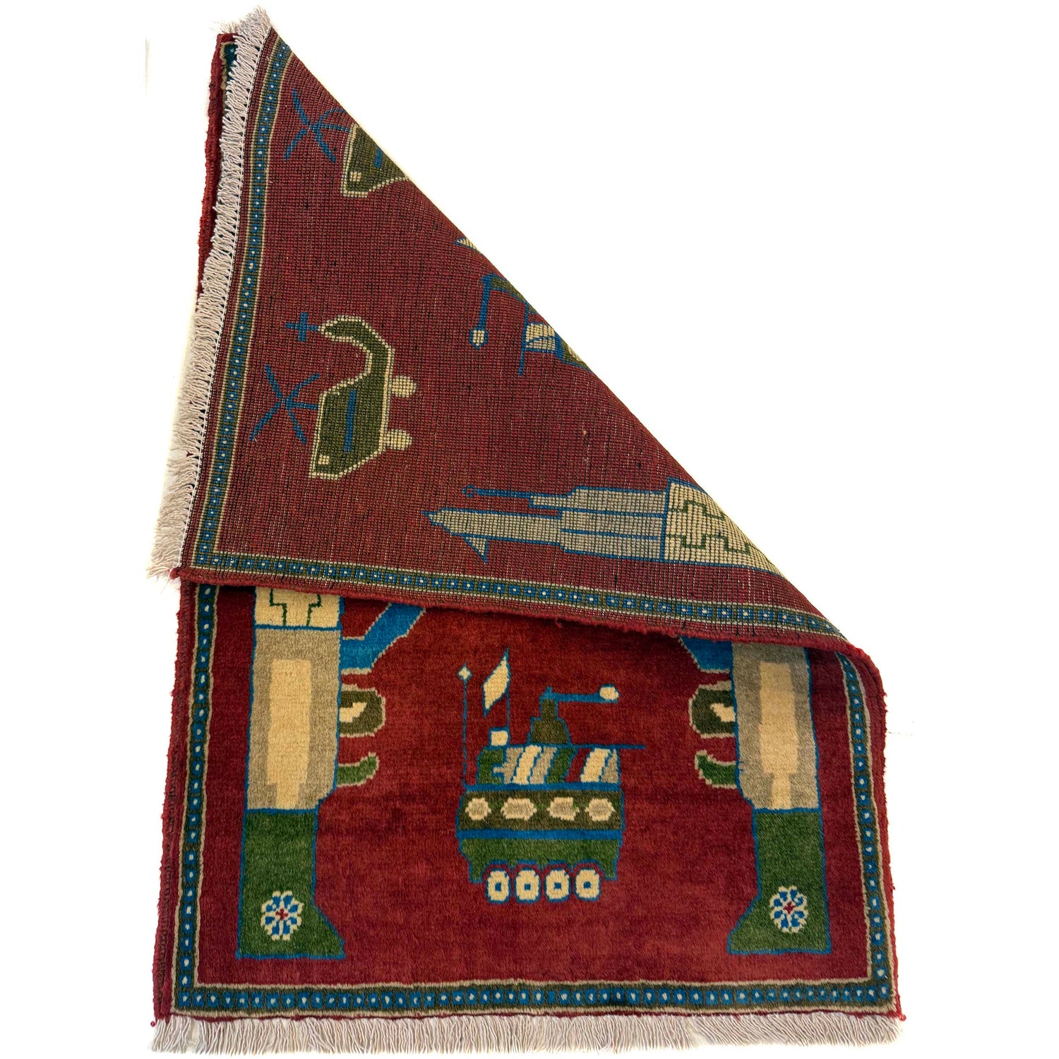 War Area Rug Handmade Red Tank + Helicopter + Grenade 2 x 3