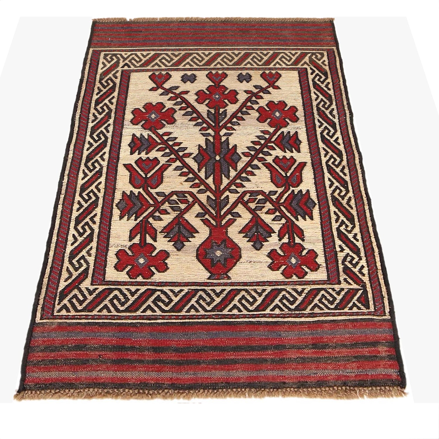 Saghari Kilim Area Rug Handmade Beige Floral 2x4 ft