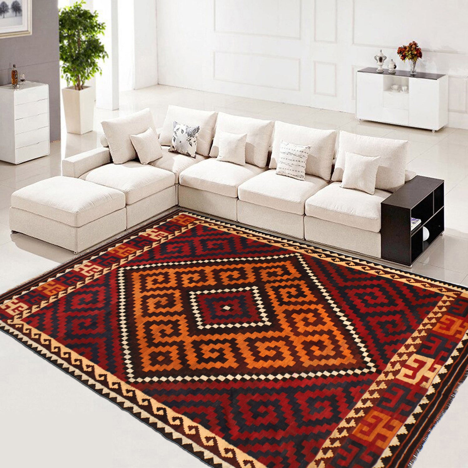 Maimana Kilim Area Rug Handmade Red Floral 7x10 ft