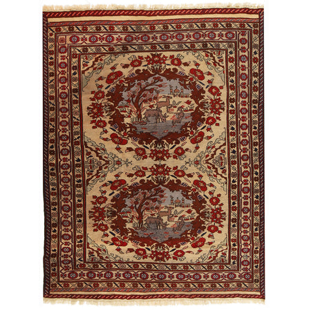 Maliki Kilim Area Rug Handmade Beige Floral 5x6 ft