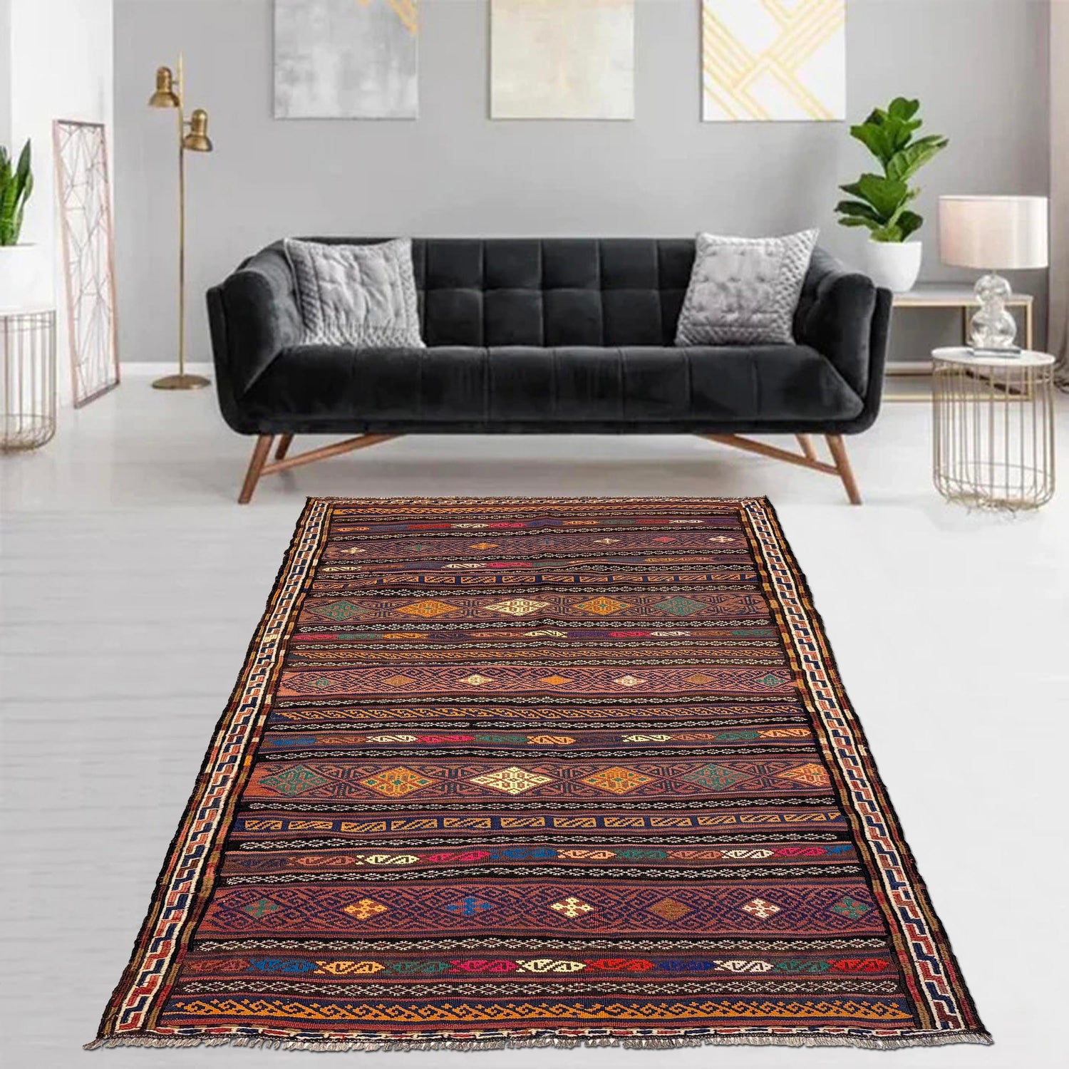 Laghari Kilim Area Rug Handmade Multi Geometric 4x7 ft