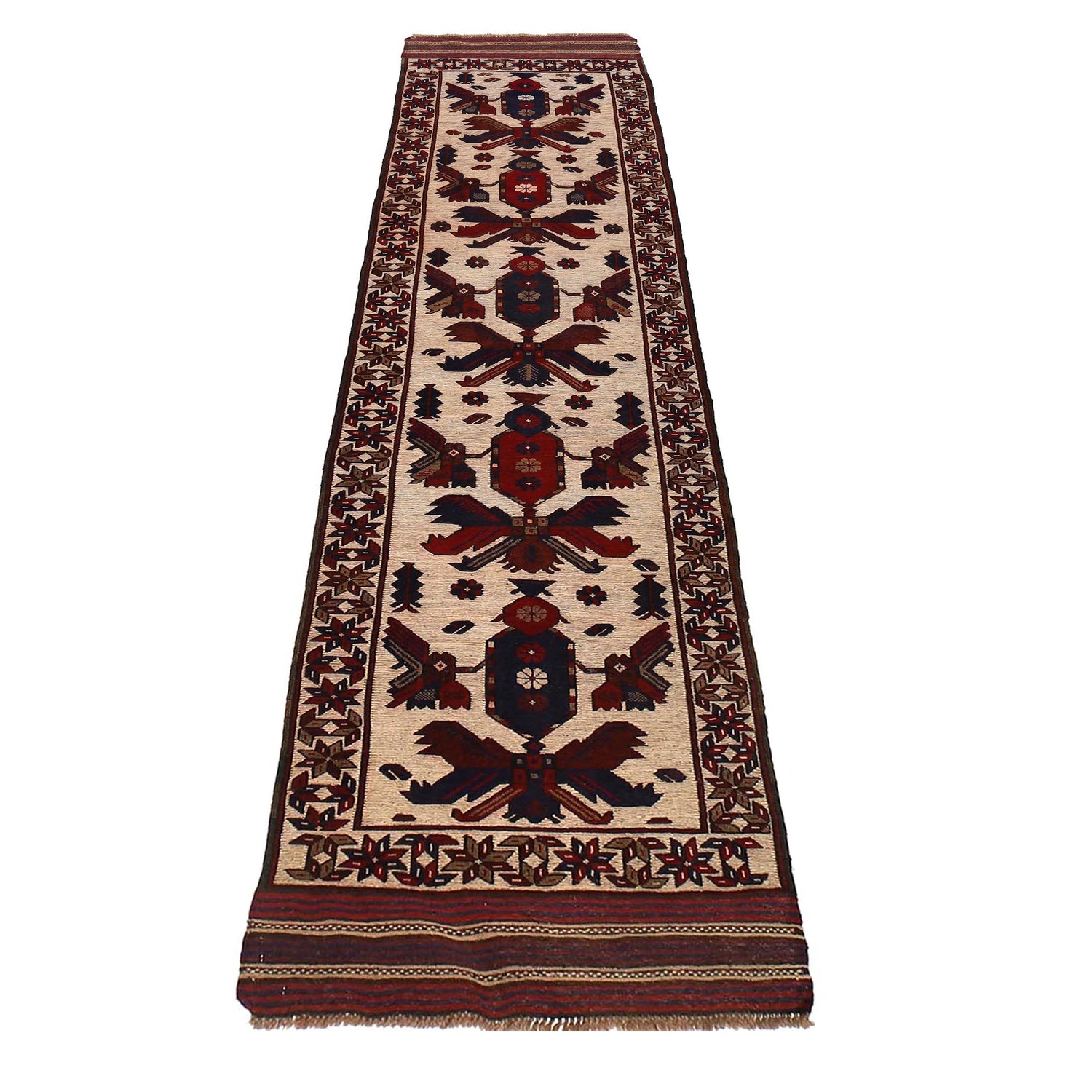 Barjasta Runner Rug Handmade Beige Floral 13' ft Runner