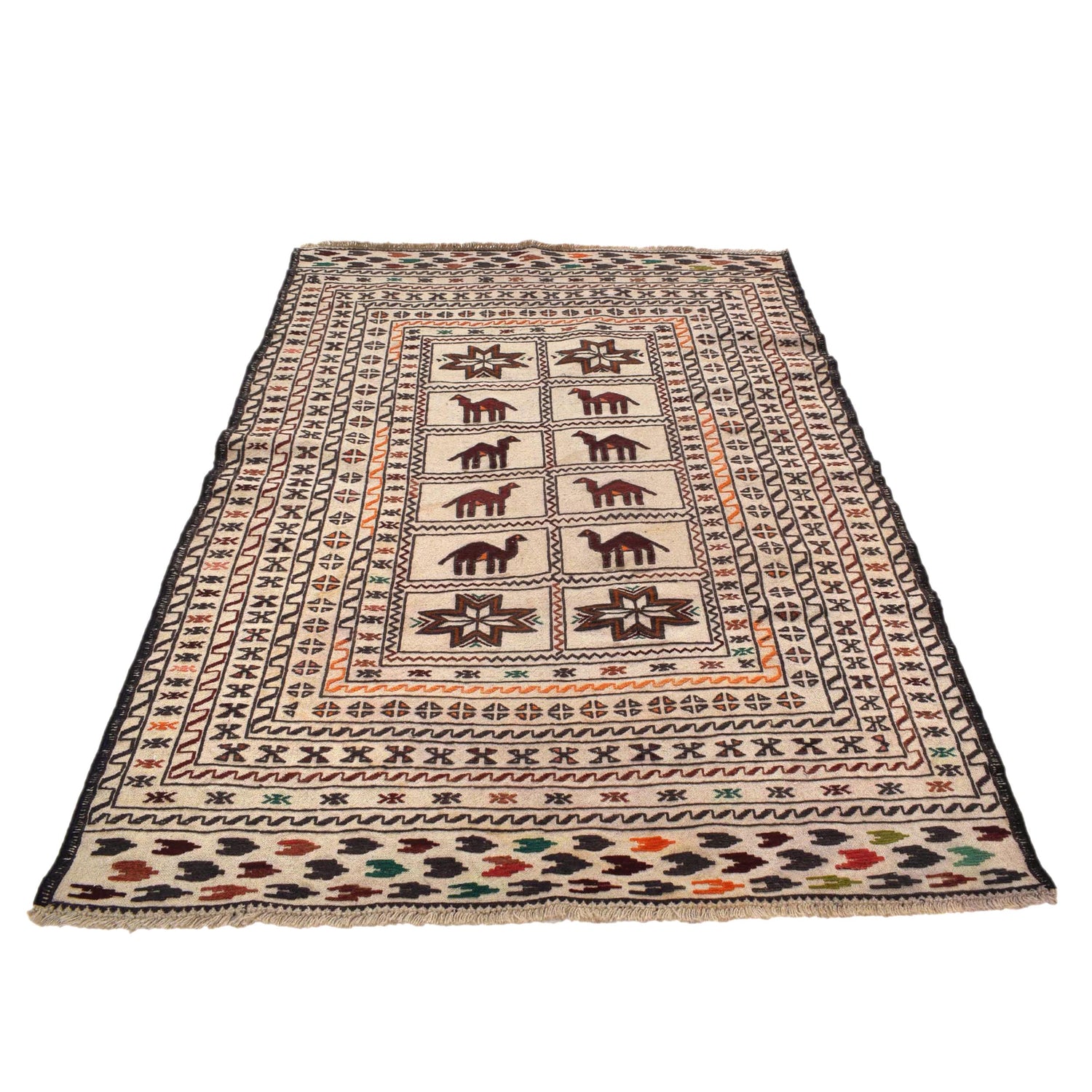 Soumak Kilim Area Rug Handmade White Pictorial 4x6 ft