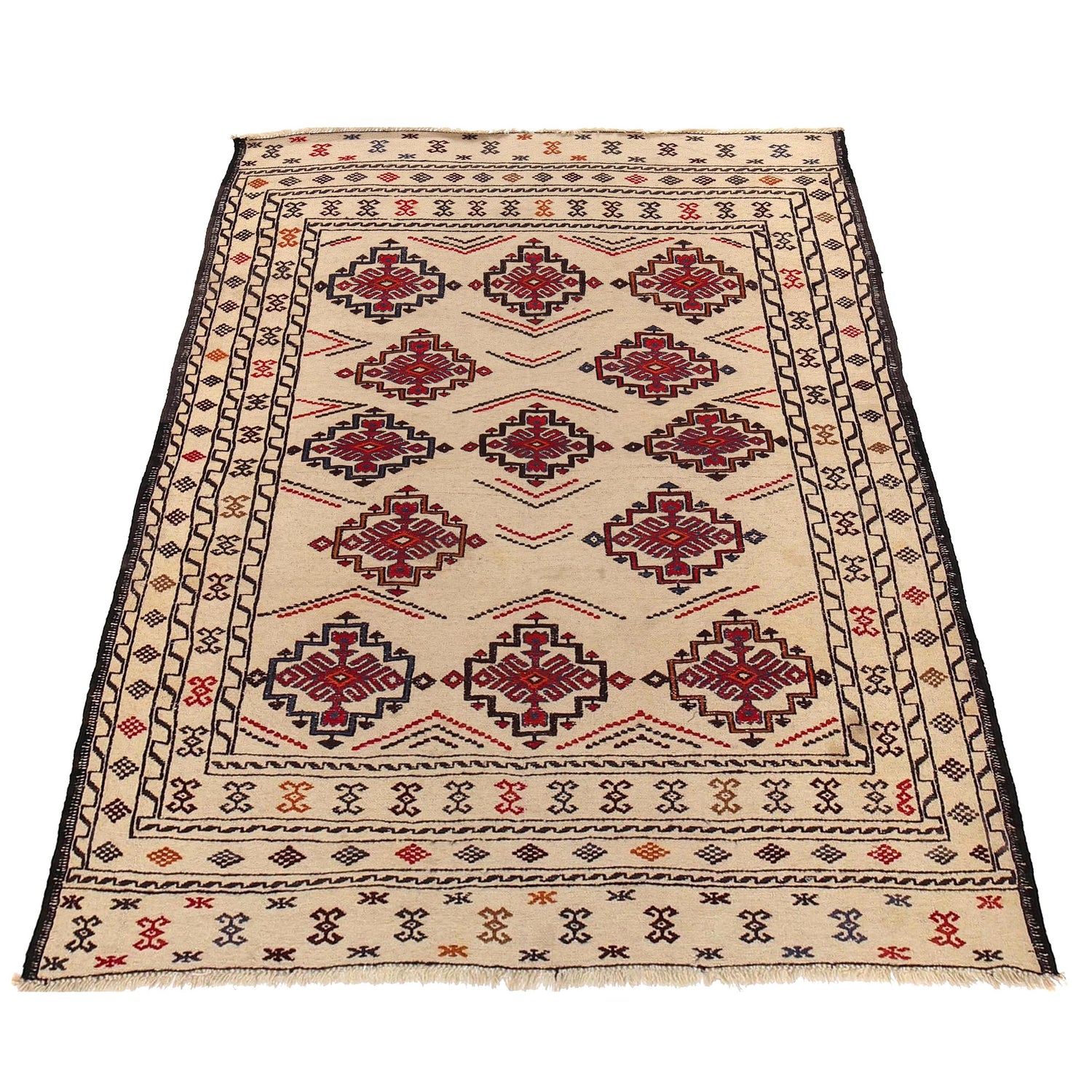 Soumak Kilim Area Rug Handmade White Floral 4x6 ft