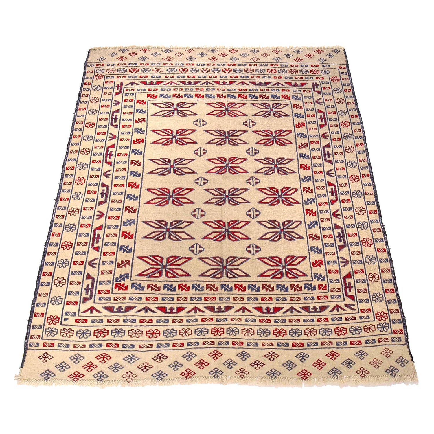 Soumak Kilim Area Rug Handmade White Floral 4x6 ft