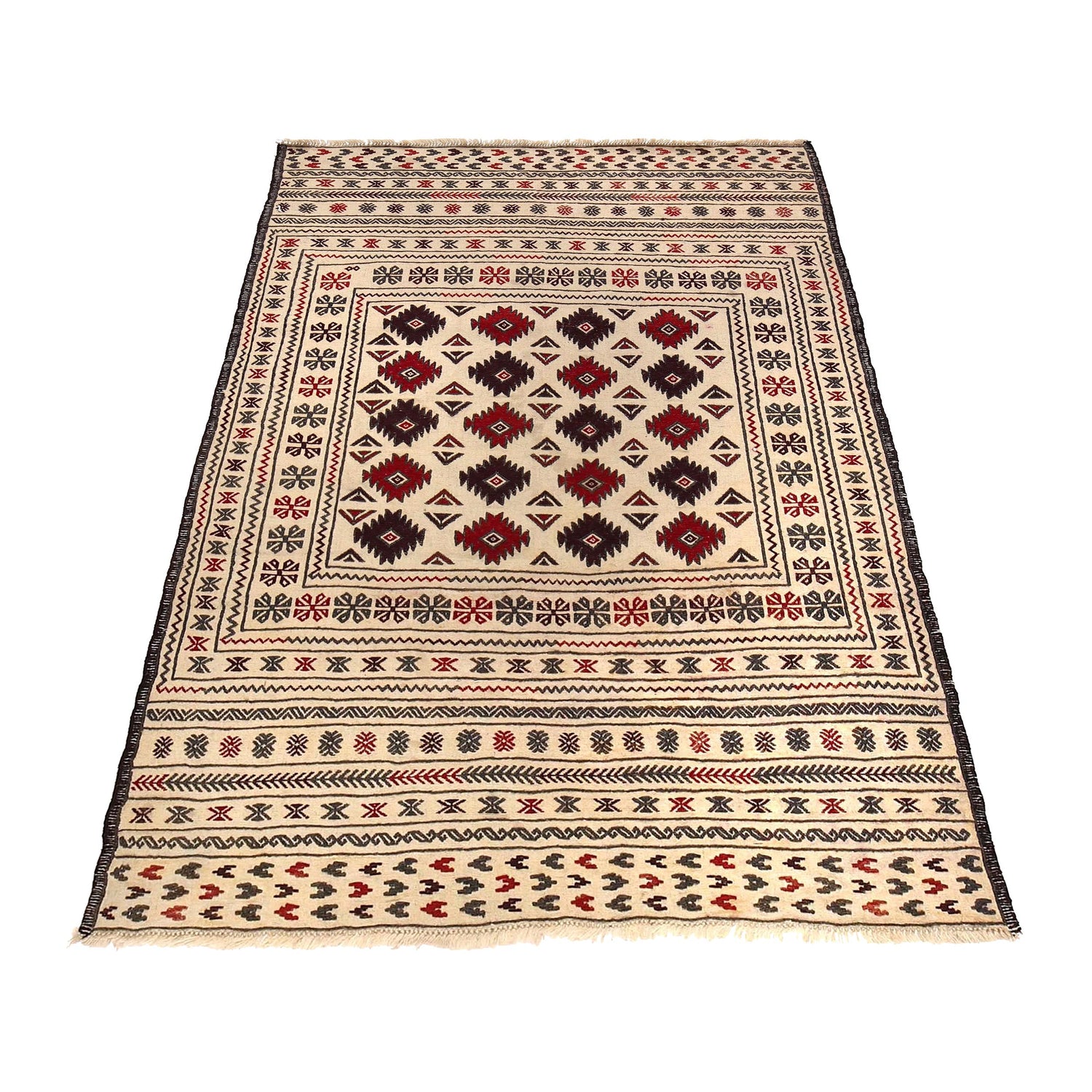 Soumak Kilim Area Rug Handmade White Floral 4x6 ft