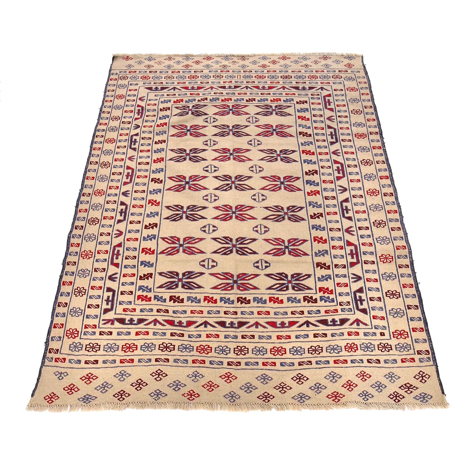 Soumak Kilim Area Rug Handmade White Floral 4x6 ft
