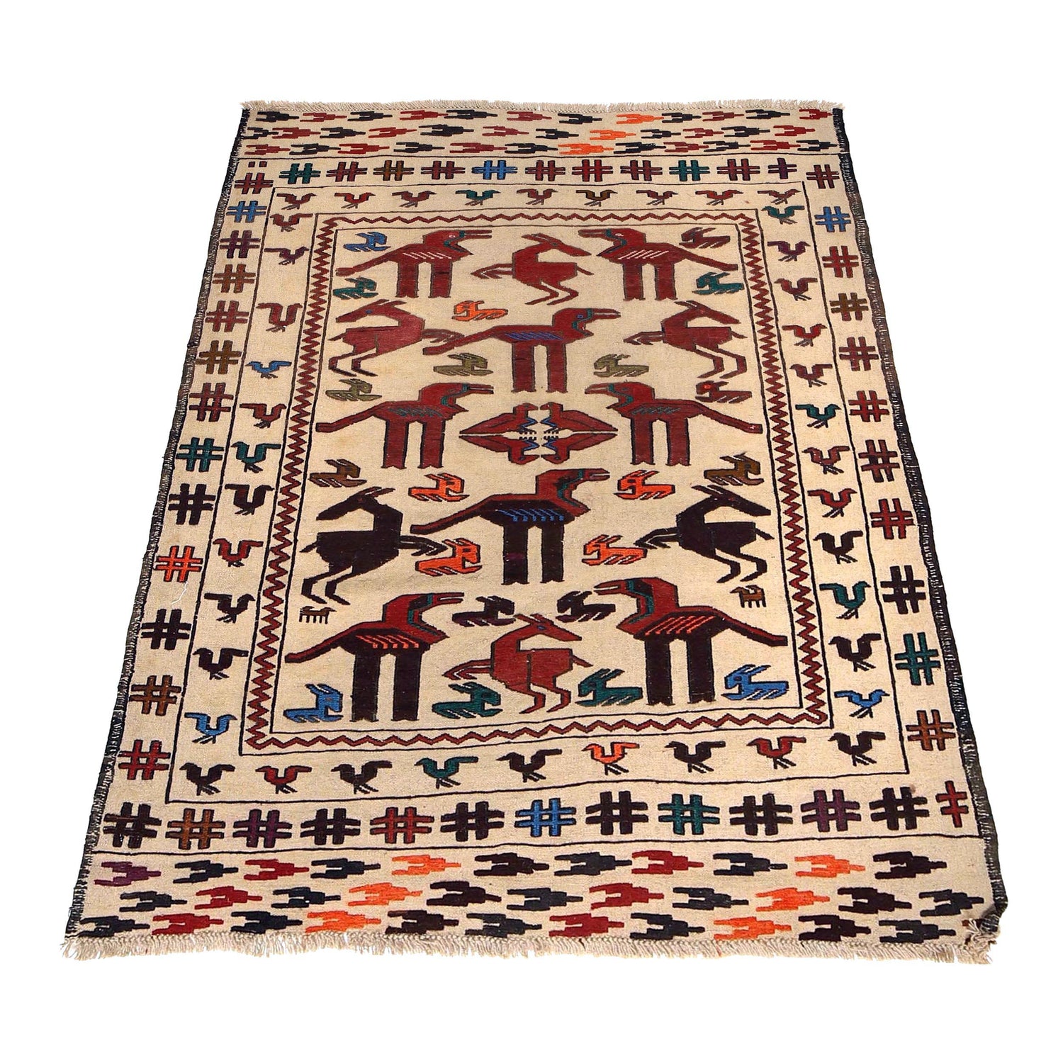 Soumak Kilim Area Rug Handmade White Pictorial 4x6 ft