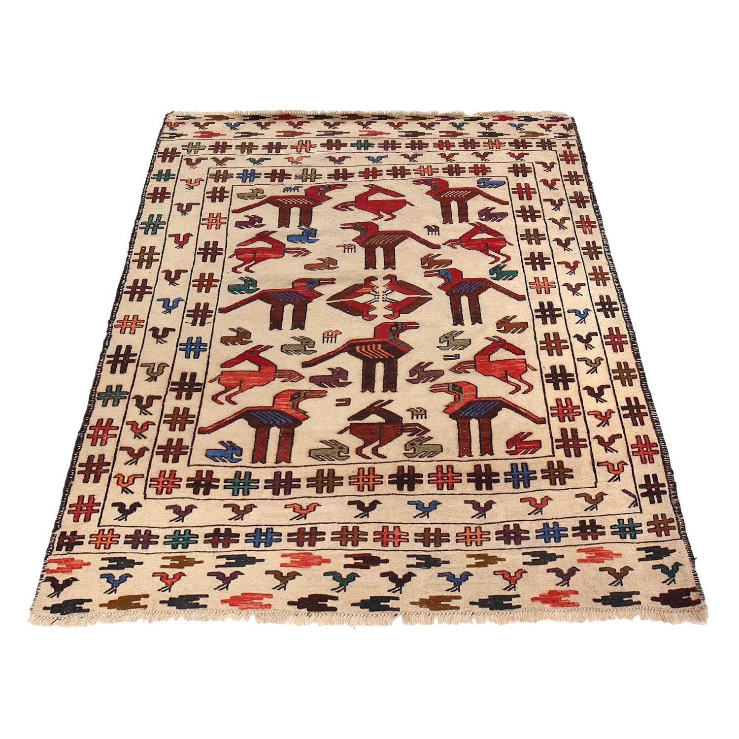 Soumak Kilim Area Rug Handmade White Pictorial 4x6 ft