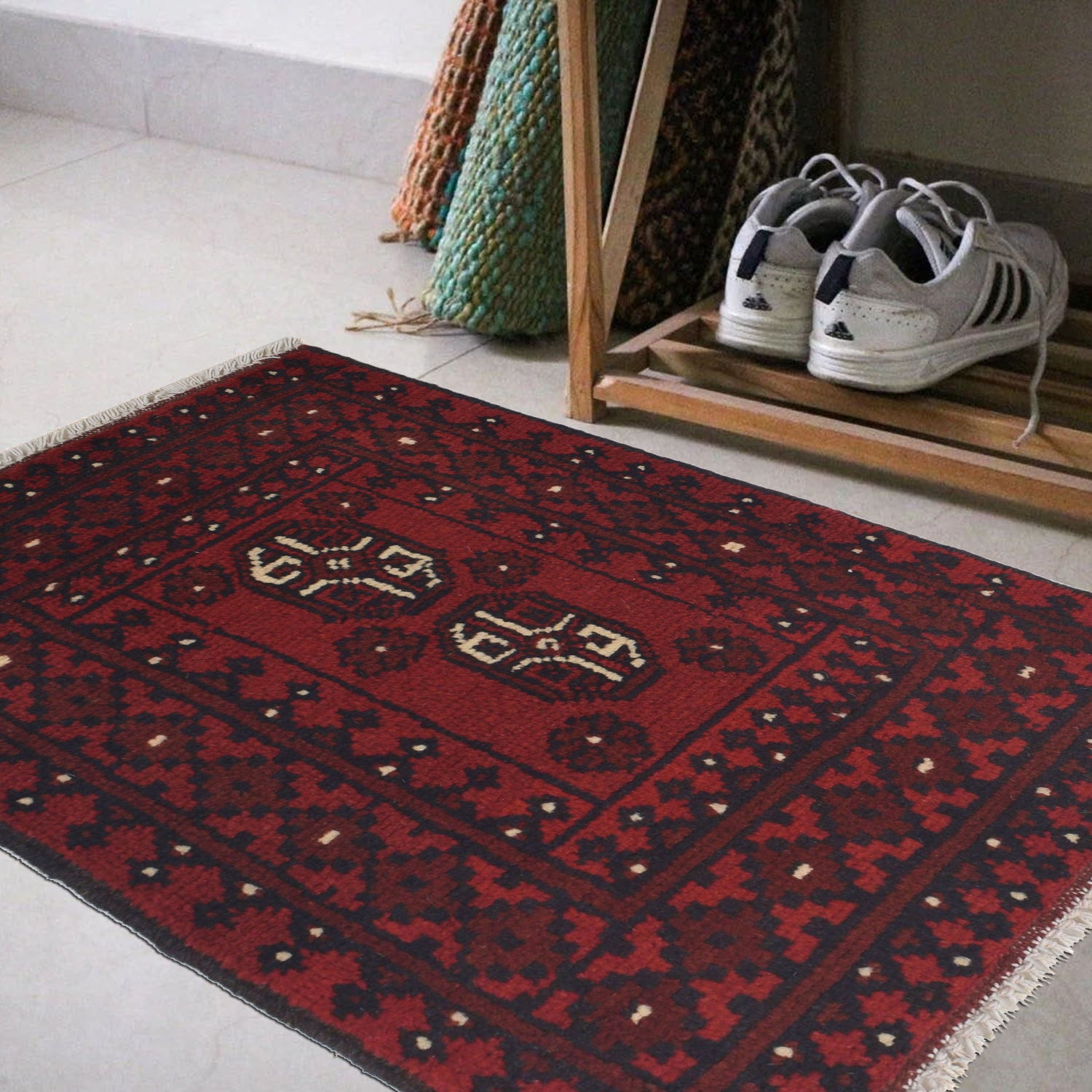 Handmade Wool Doormat Red Floral