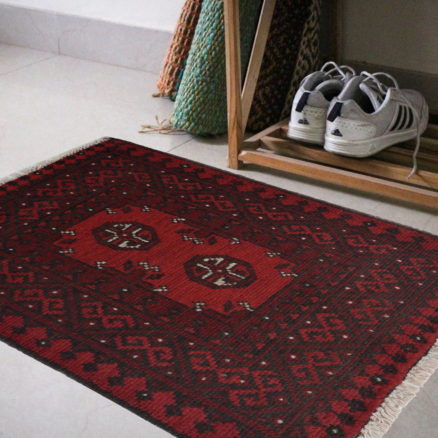 Handmade Wool Doormat Red Floral
