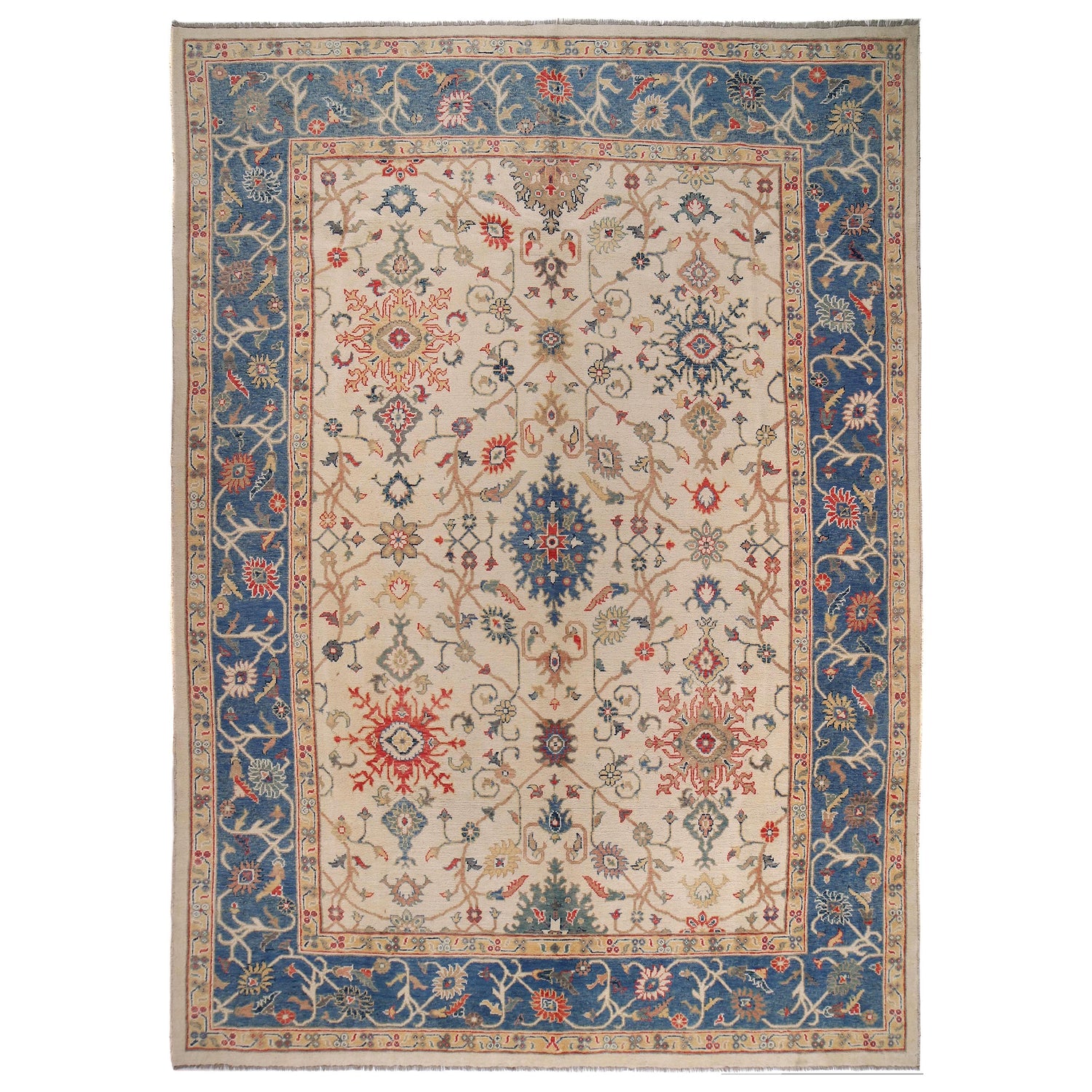 Oushak Area Rug Handmade Beige Floral 10x14 ft