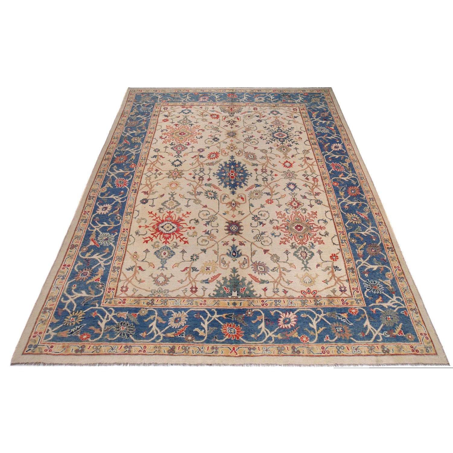 Oushak Area Rug Handmade Beige Floral 10x14 ft
