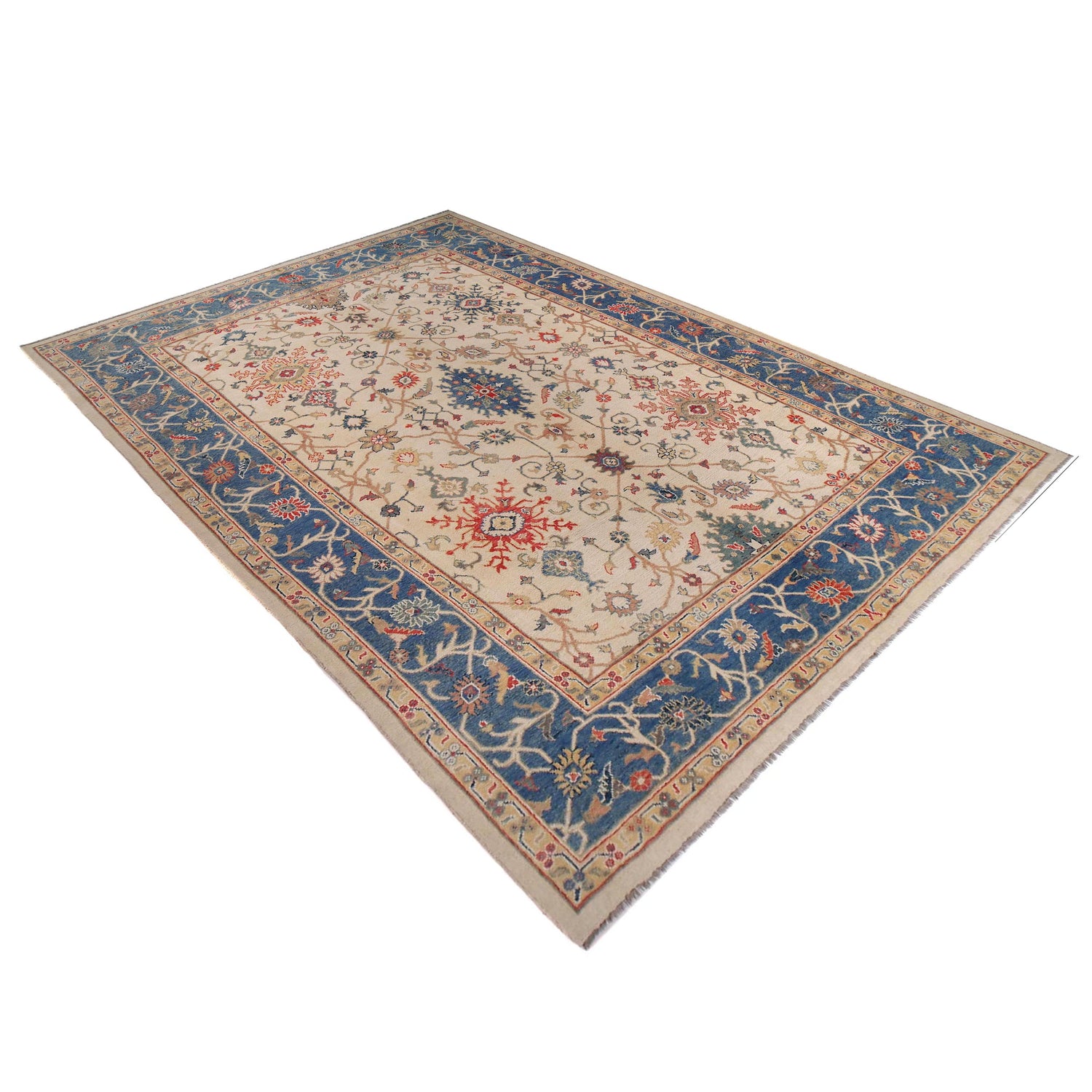 Oushak Area Rug Handmade Beige Floral 10x14 ft