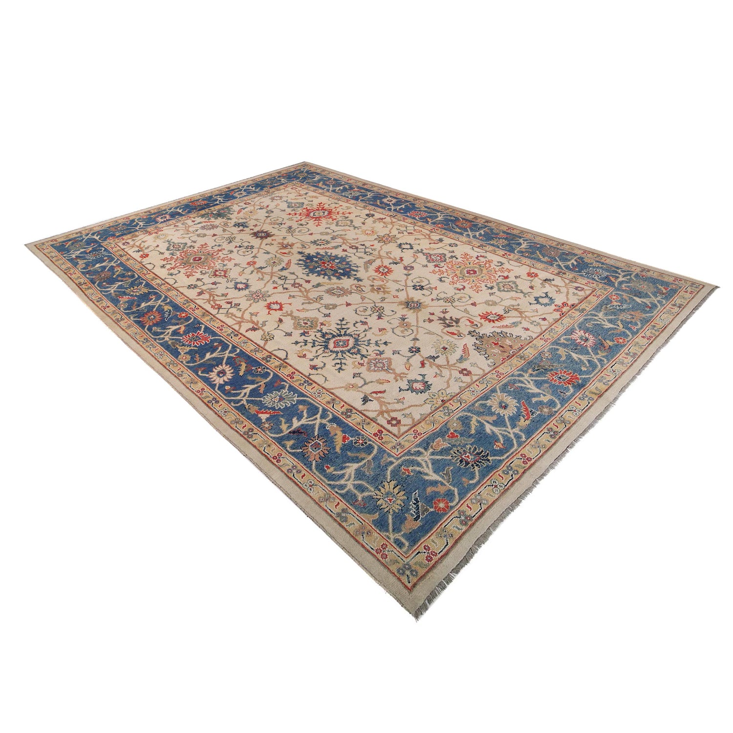 Oushak Area Rug Handmade Beige Floral 10x14 ft