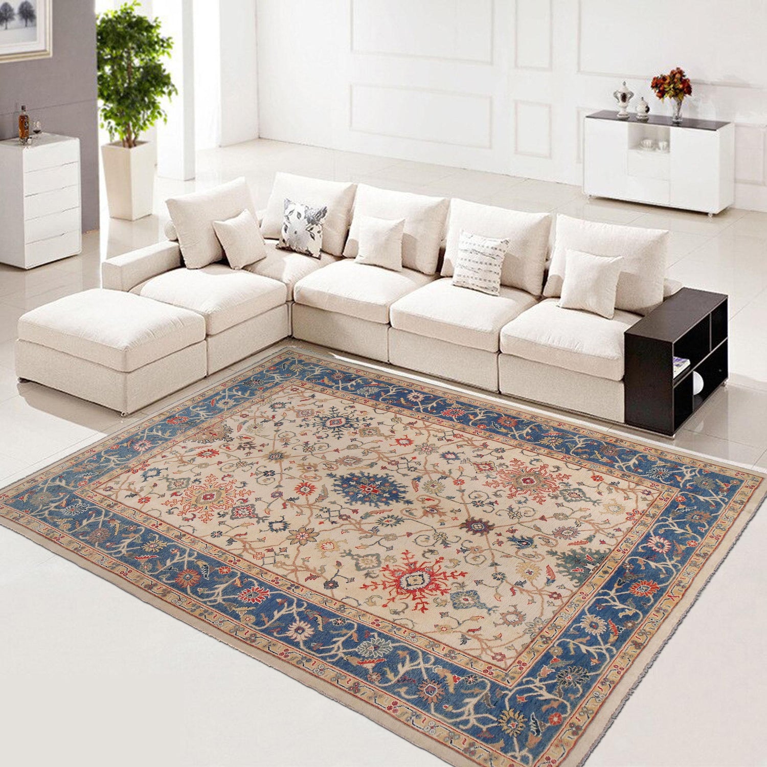 Oushak Area Rug Handmade Beige Floral 10x14 ft