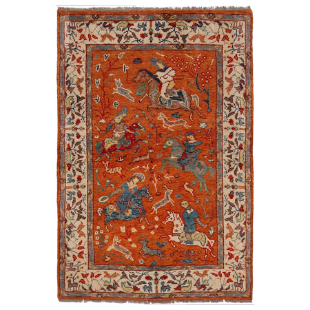 Pictorial Rug Handmade Orange Design