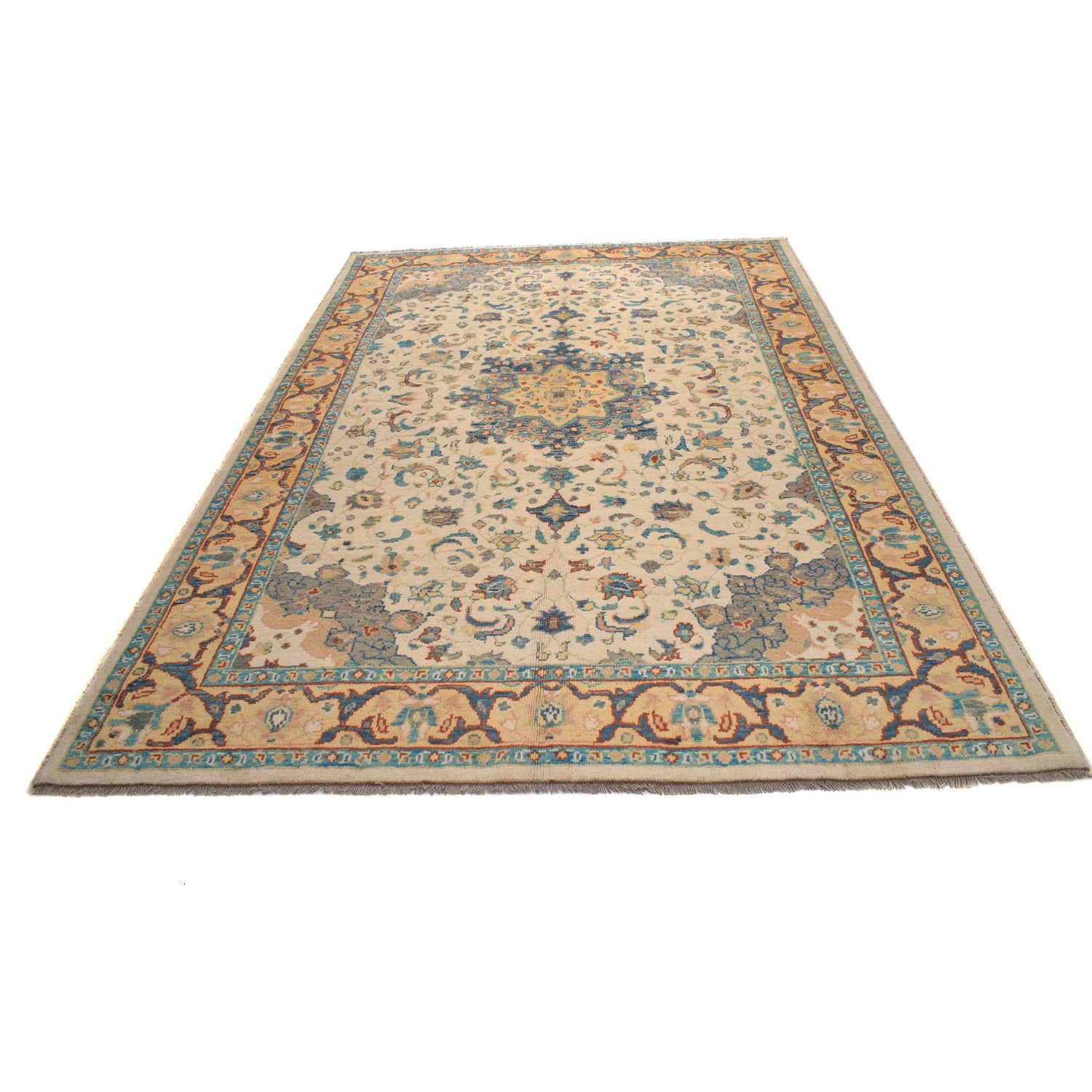 Heriz Area Rug Handmade White Medallion 7x10 ft