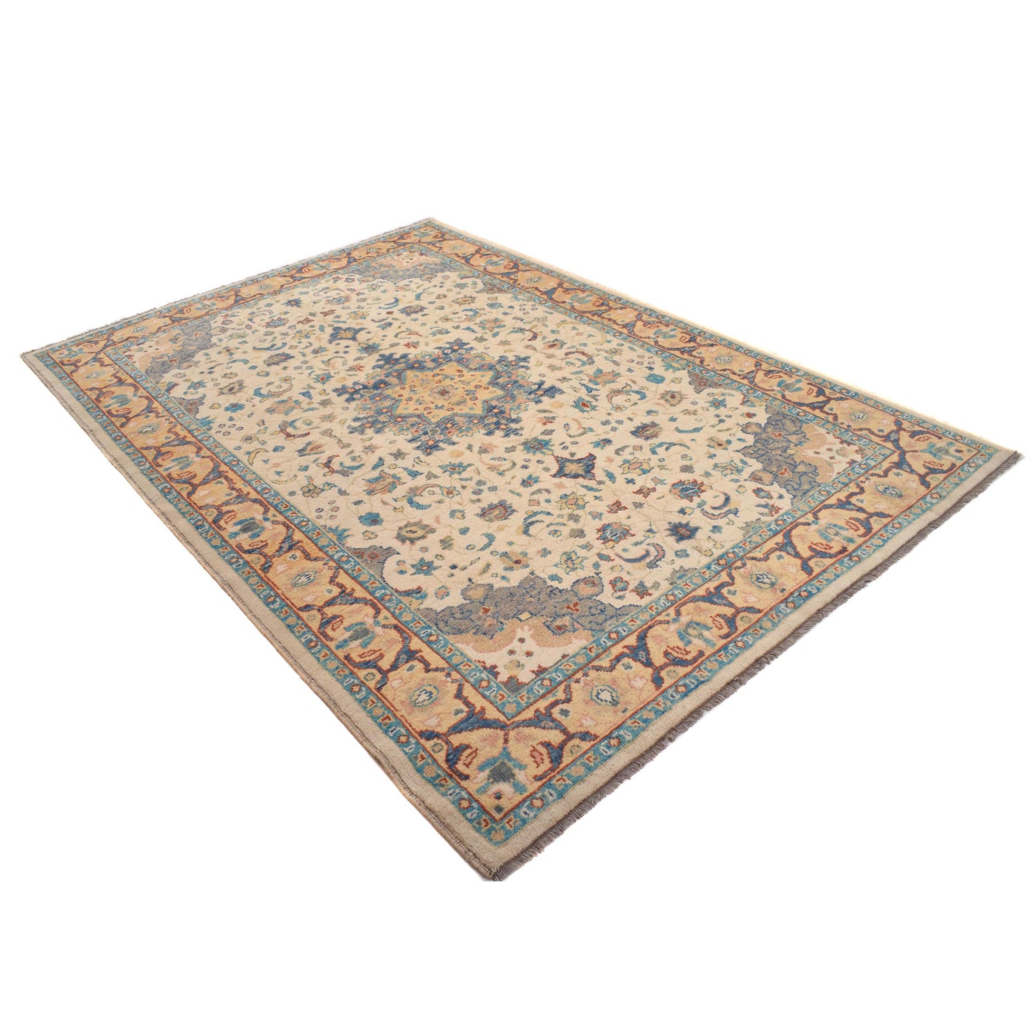 Heriz Area Rug Handmade White Medallion 7x10 ft