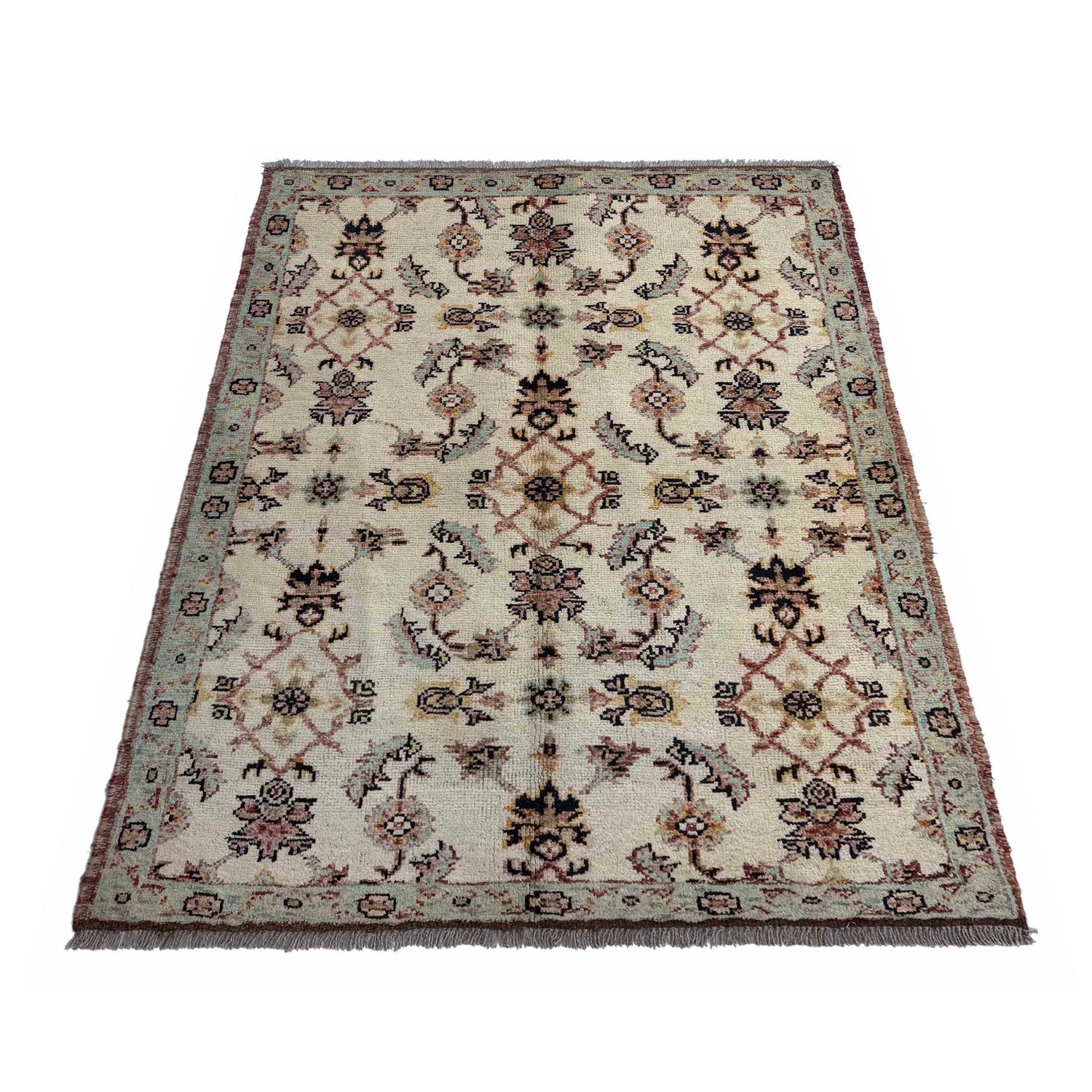 Oushak Area Rug Handmade Beige Floral 4x6 ft