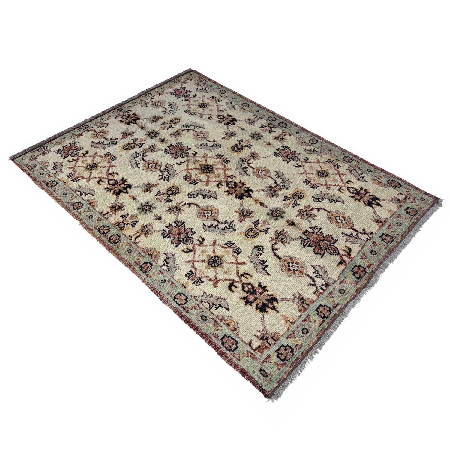 Oushak Area Rug Handmade Beige Floral 4x6 ft