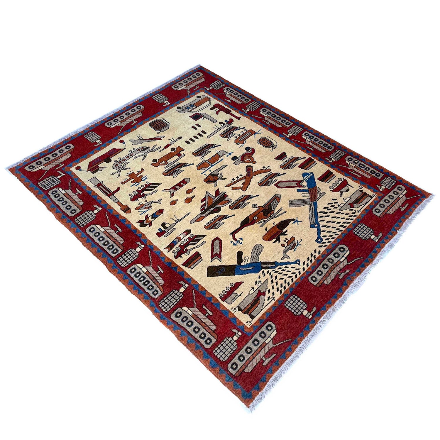 War Area Rug Handmade Beige Tank + Helicopter +Riffle 4x6 ft