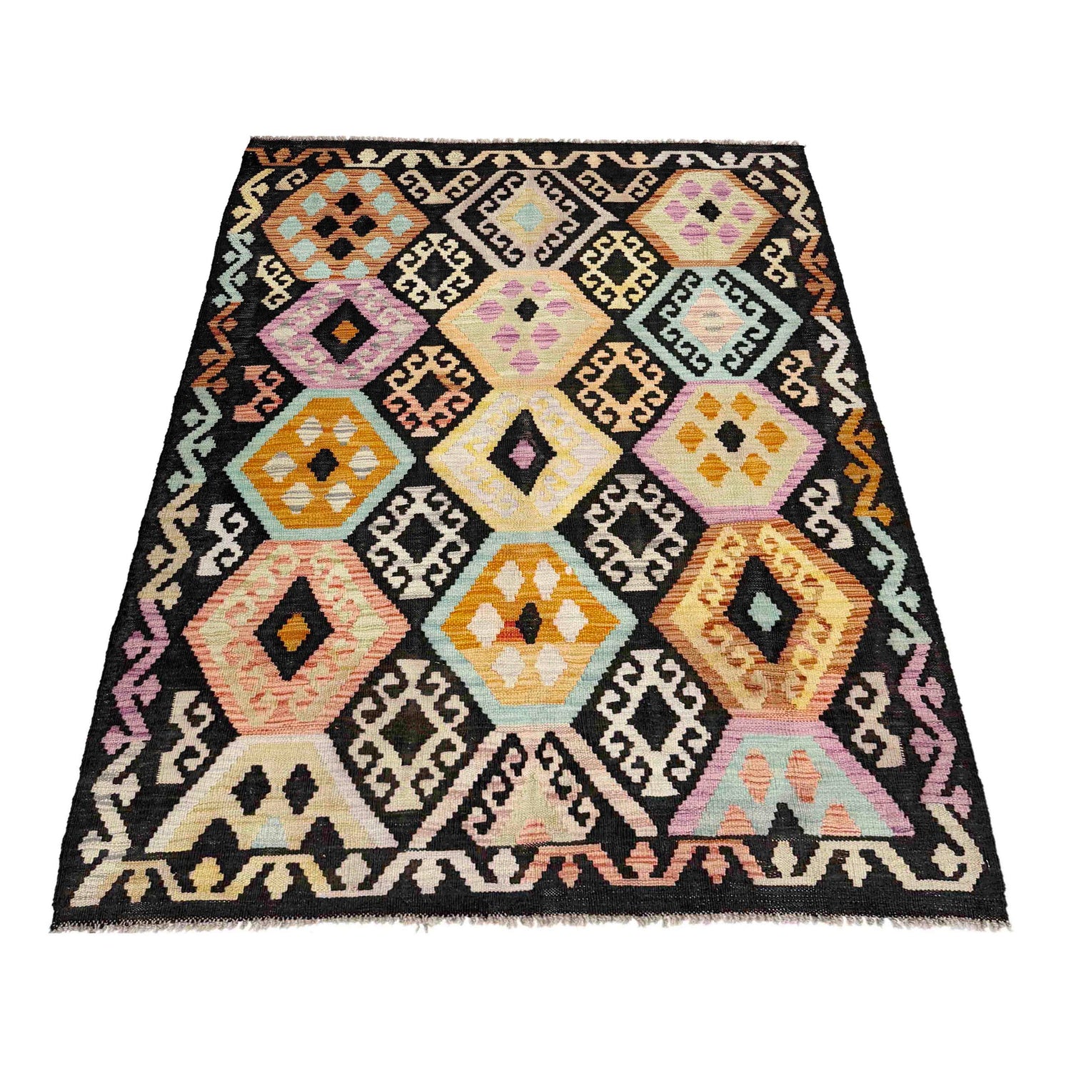Hand-Knotted Multi Geometric Vegetable Kilim Area Rug – 4' 1" x 6' 2" ft (124 x 188 cm) | SKU: Y39116
