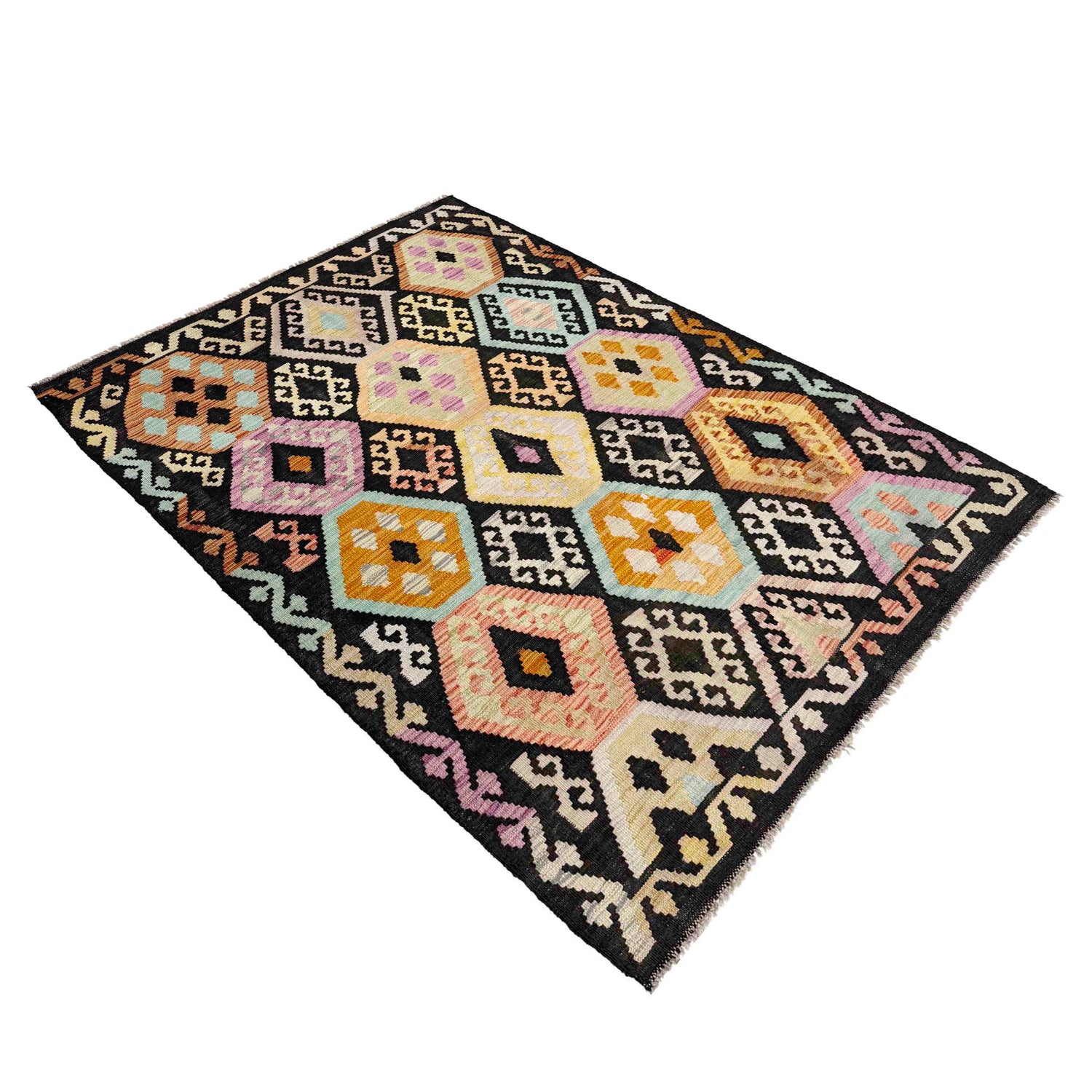 Hand-Knotted Multi Geometric Vegetable Kilim Area Rug – 4' 1" x 6' 2" ft (124 x 188 cm) | SKU: Y39116