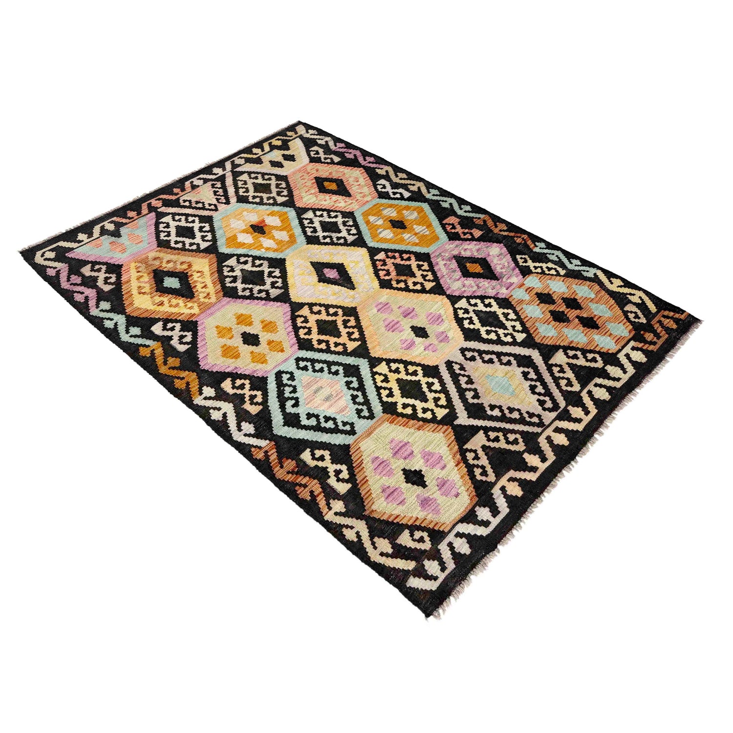 Hand-Knotted Multi Geometric Vegetable Kilim Area Rug – 4' 1" x 6' 2" ft (124 x 188 cm) | SKU: Y39116