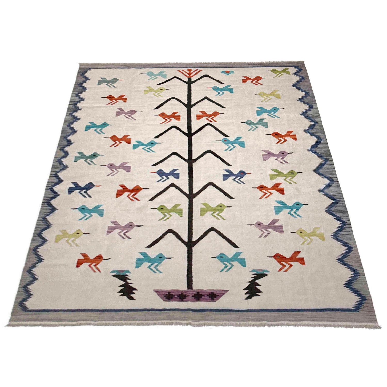 Embroidery Kilim Area Rug Handmade Beige Animal 9x12 ft