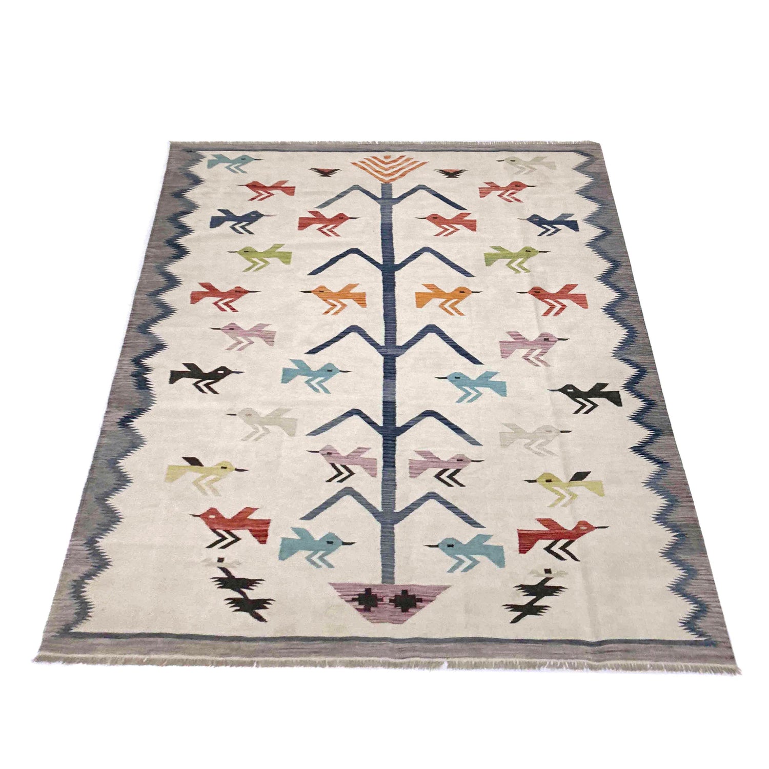 Embroidery Kilim Area Rug Handmade Beige Animal 9x12 ft