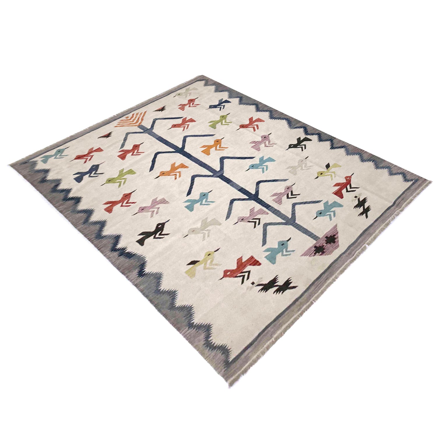 Embroidery Kilim Area Rug Handmade Beige Animal 9x12 ft