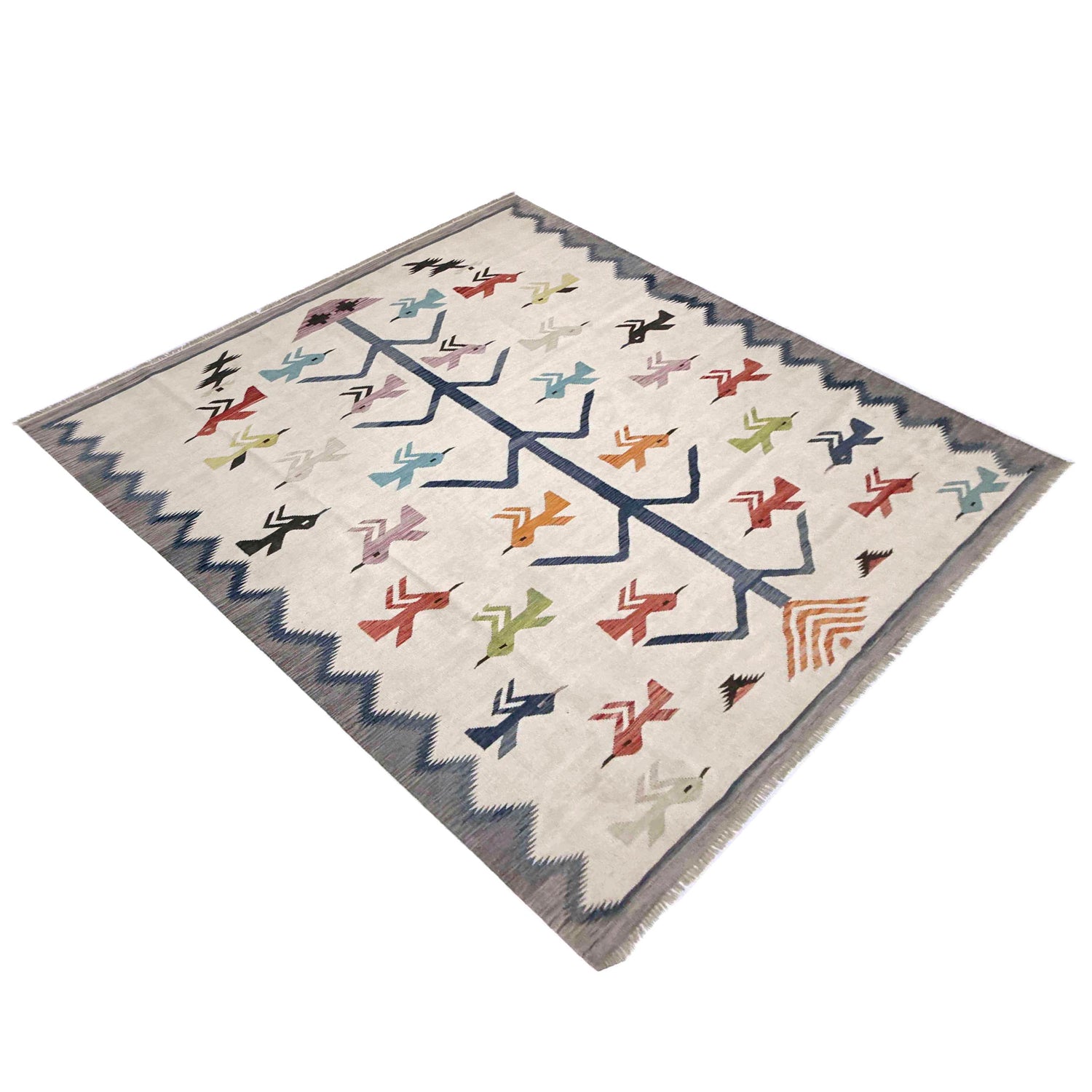 Embroidery Kilim Area Rug Handmade Beige Animal 9x12 ft